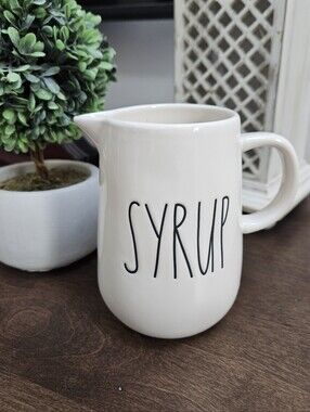 Rae Dunn Syrup Pitcher Classic Creamy White, Black Lettering Ceramic 5"